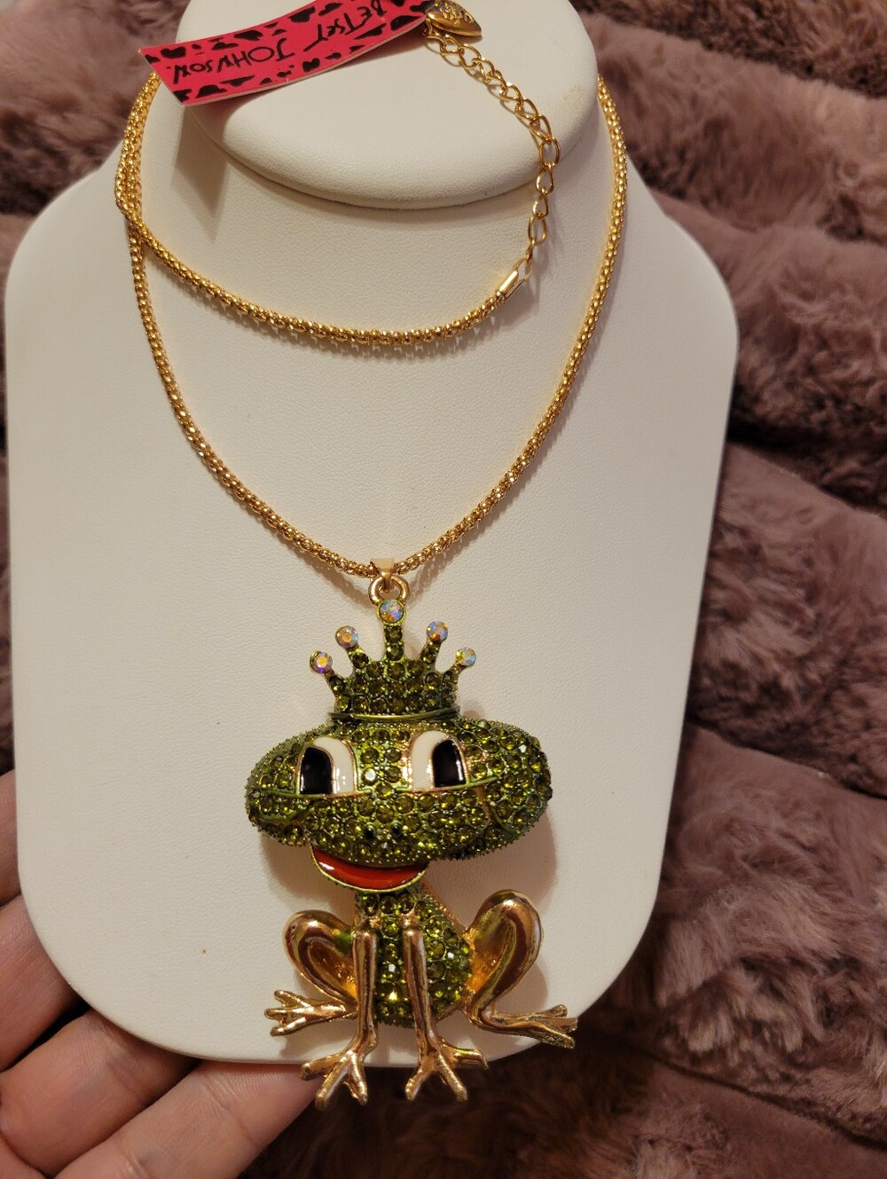 Betsey Johnson Green Jeweled Frog Pendant Necklace